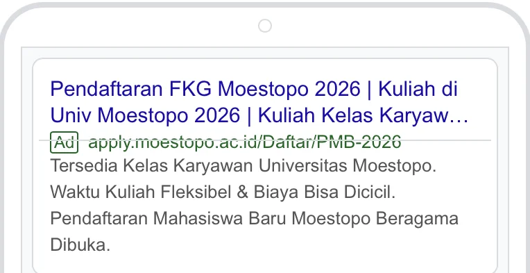 Iklan search Moestopo: Pendaftaran FKG Moestopo 2026, Kuliah Kelas Karyawan
