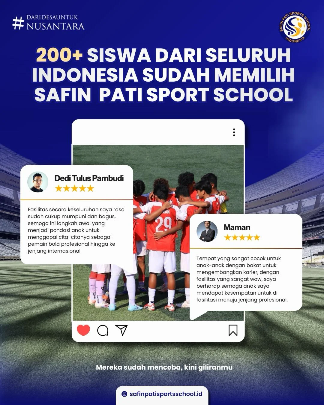Post social proof Safin Pati Sports School dengan dua testimoni orang tua